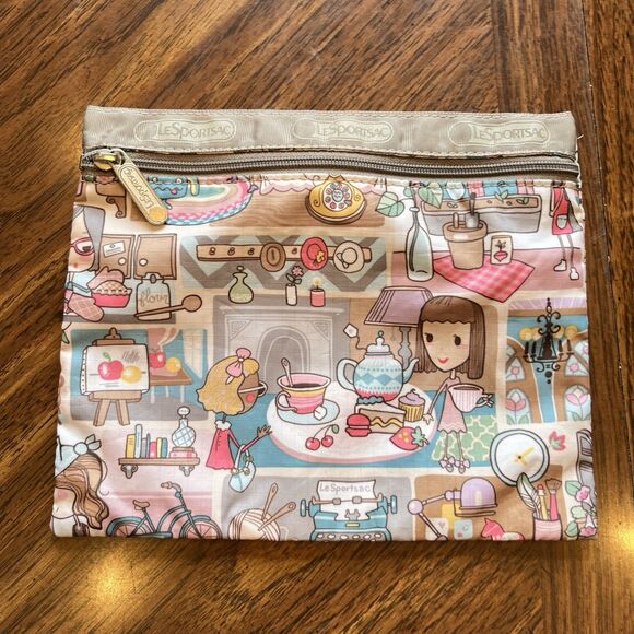 Lesportsac Home Travel Tote Pouch Taupe Pink Gray Hobby Tea Art Piano - Picture 13 of 14